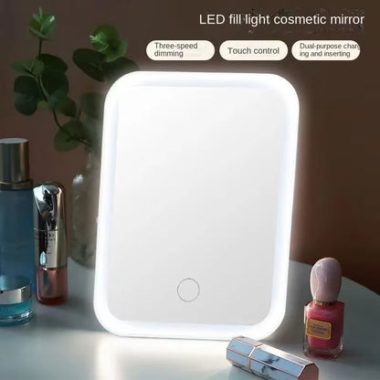 Espejo de maquillaje con pantalla táctil LED, espejo plegable con iluminación, 3 modos de luz de colores, recargable por USB, herramientas de espejo cosmético.