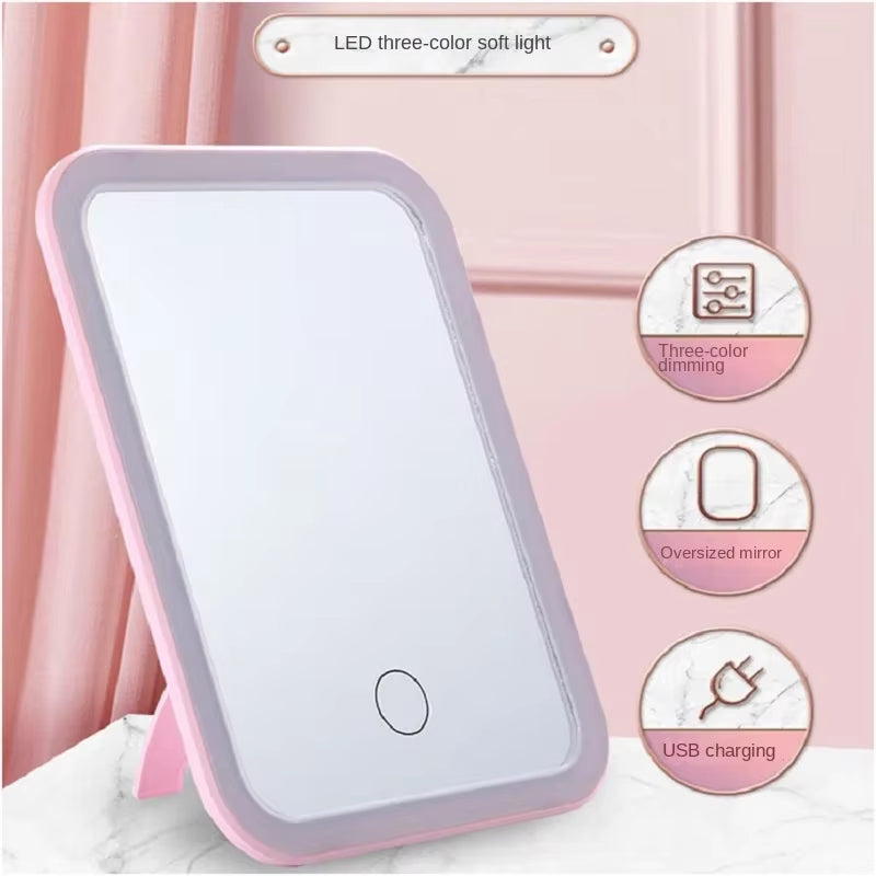 Espejo de maquillaje con pantalla táctil LED, espejo plegable con iluminación, 3 modos de luz de colores, recargable por USB, herramientas de espejo cosmético.